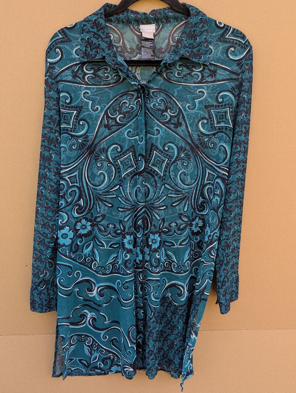 Chico's Travelers Mesh Tunic Shirt Buttons Paisley Sheer 2 Teal Artsy Bohemian